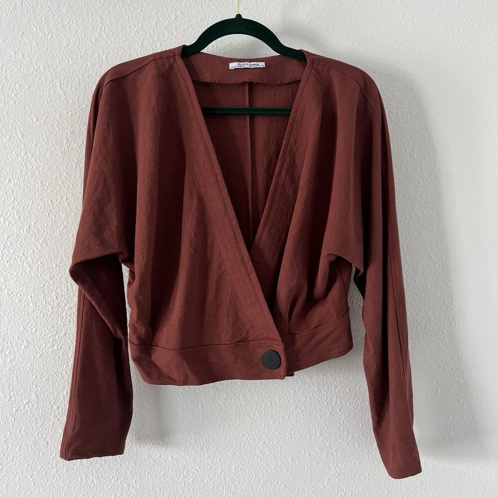 Zara Trafaluc Top Womens M Rust Crop Wrap Long Sleeve Plunge V-Neck Knit Shirt